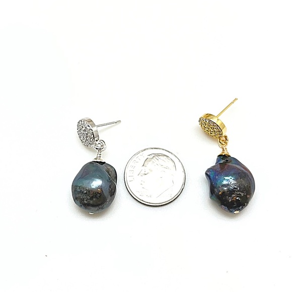 CZ Baroque Black Peacock Pearl Stud Dangles, Gold or Silver, Ships in Gift Box - Picture 9 of 10